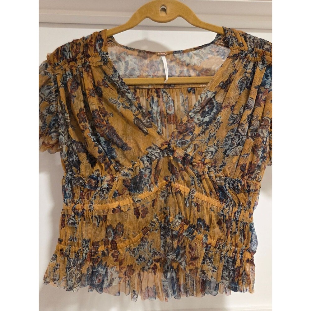 Free People Making Me Smile Floral Mesh Crop Top - Mustard Yellow Sz M boho